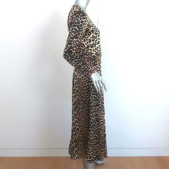 Ganni Dufort Midi Wrap Dress Leopard Print Stretch Silk Satin Size 36 - Picture 3 of 7